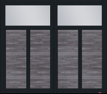 Porte de garage de style traditionnel, modèle Princeton P-12, 8' x 7', porte Gris patiné Faux bois et moulures Noir avec fenêtre Clair